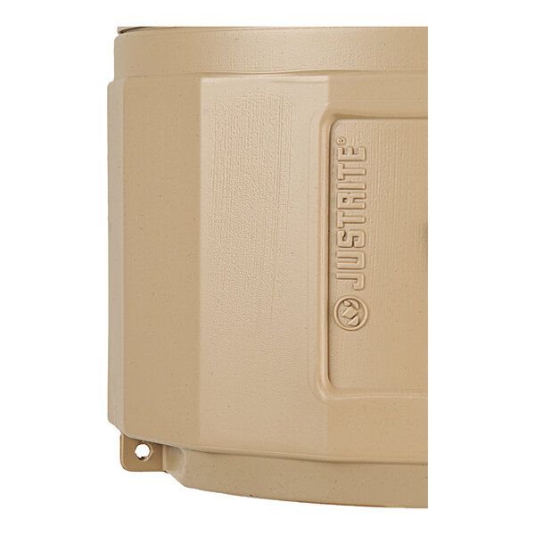 A beige plastic outdoor ashtray with the Justrite logo embossed on the side.
