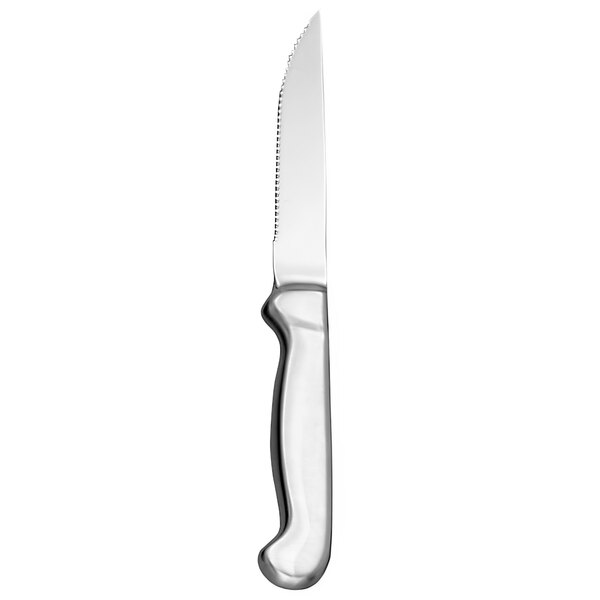 A stainless steel steak knife with a hollow handle and a serrated edge.