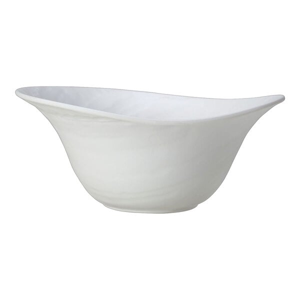 A white melamine deep bowl with a unique, asymmetrical rim design.