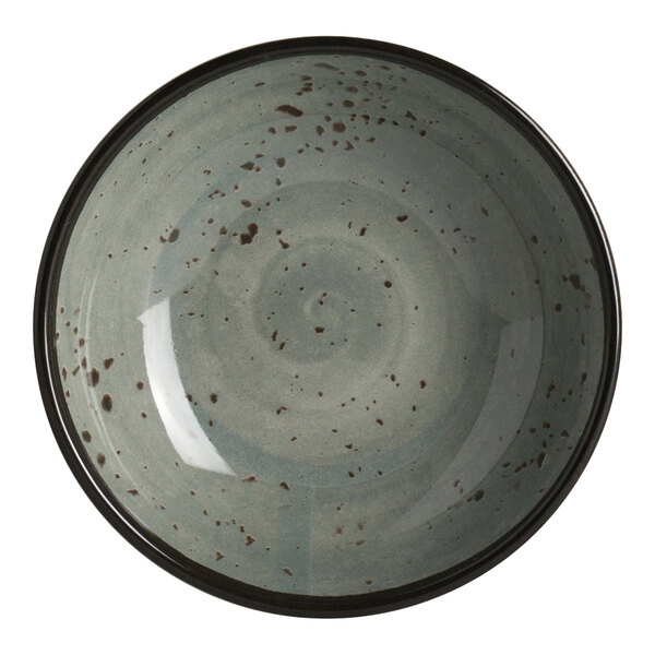 A round, smoke-colored melamine coupe bowl with a speckled design.