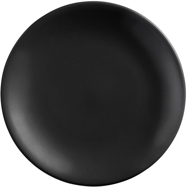 A round, black matte porcelain coupe plate.