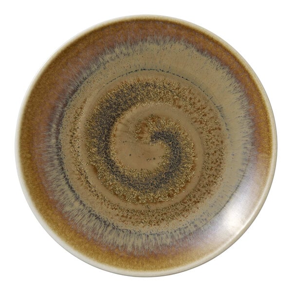 A round porcelain coupe plate with a brown and tan spiral design.