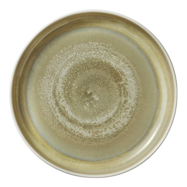 A round, deep porcelain plate with a raised rim and a thyme-colored, textured glaze.