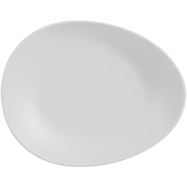 A white, oval-shaped porcelain coupe plate with a matte finish.