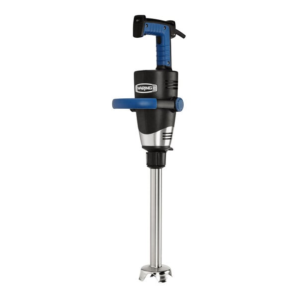 A Waring immersion blender with a blue handle.