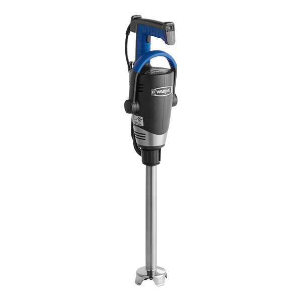 A heavy-duty electric immersion blender with a long stainless steel shaft and ergonomic handle.