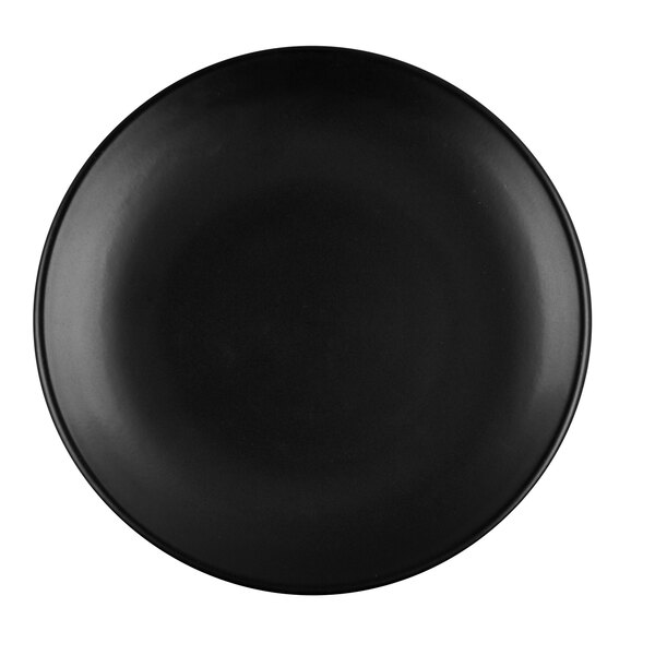 A round, black satin matte porcelain coupe plate.