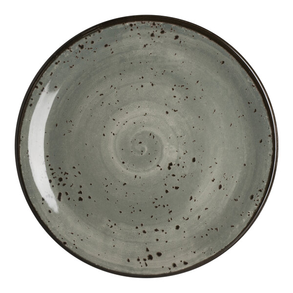 An 8-inch round coupe plate in a smoke color with a speckled design.