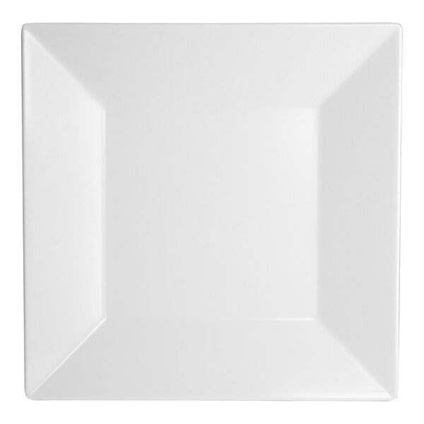 A white, square melamine plate with a slightly raised rim.