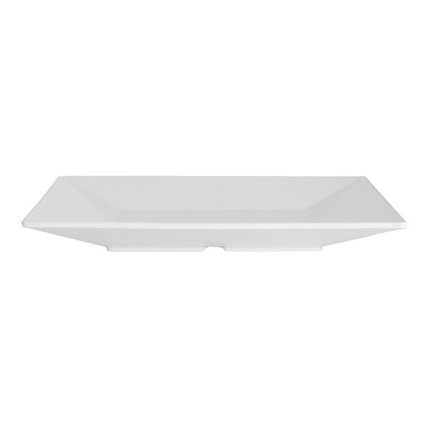 A white, square melamine plate with slightly raised edges.