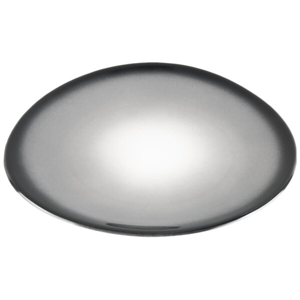 A round, dark gray porcelain plate with a smooth, organic shape.