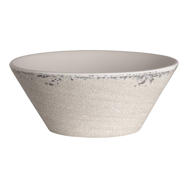 A round, stone-colored melamine bowl with a subtle textured pattern and a slightly flared rim.