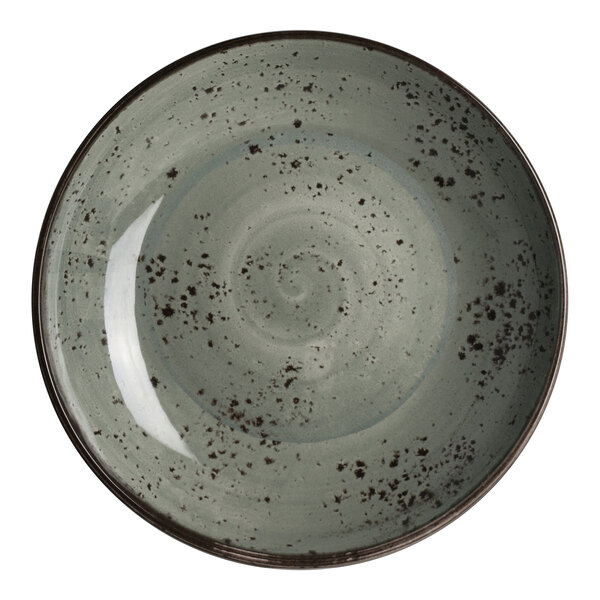 A round, smoke-colored melamine coupe bowl with a speckled design.