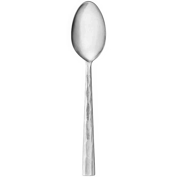 A stainless steel extra heavy weight teaspoon with a textured handle.