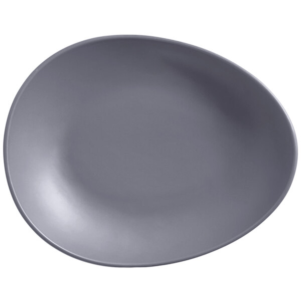 A gray, oval-shaped porcelain coupe plate with a matte finish.