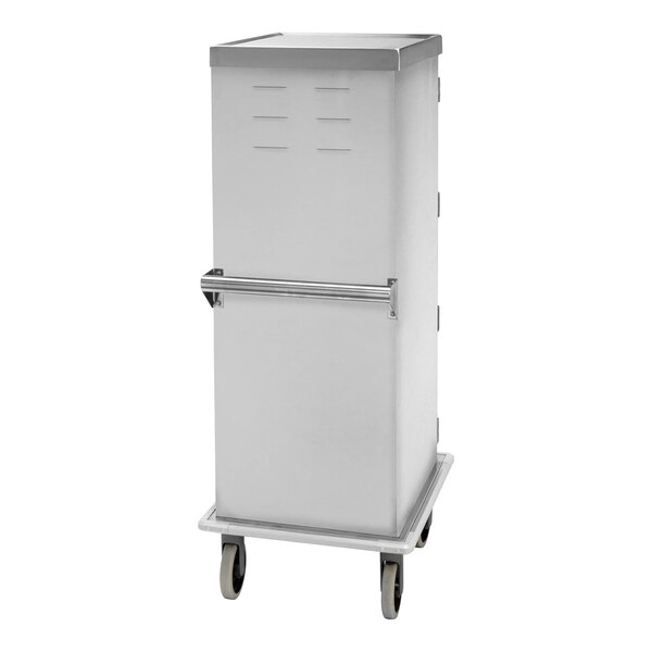 A stainless steel meal delivery cart with a top rail and four wheels, designed to hold eight trays.