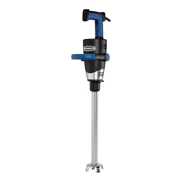 A blue and black Waring immersion blender.