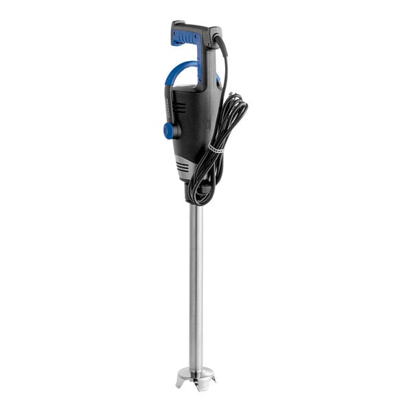 An electric variable-speed heavy-duty immersion blender with an 18-inch shaft and a black and blue handle.