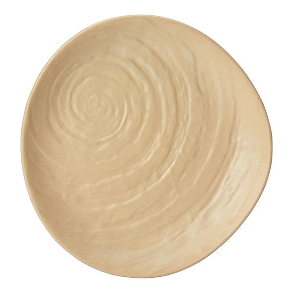 A round, beige melamine plate with a textured, swirl pattern.