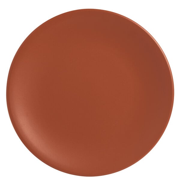 A round, clay-colored satin matte porcelain coupe plate.