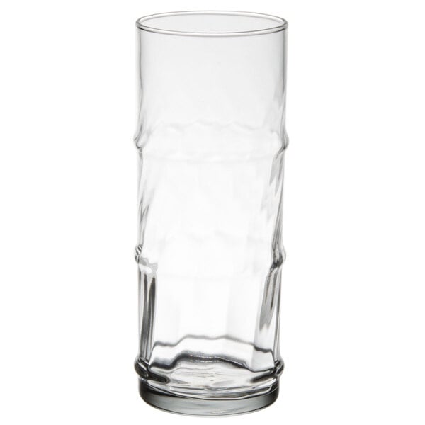 A clear 16 oz. specialty cooler glass with a textured design resembling bamboo.