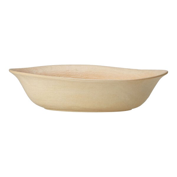A beige oval melamine bowl with a slightly wavy rim.