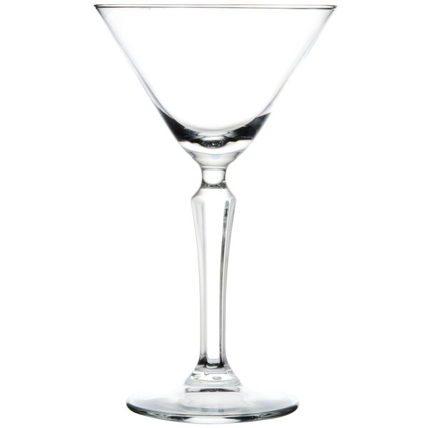 A clear 6 oz. martini glass with a classic V-shaped bowl and a sturdy stem.