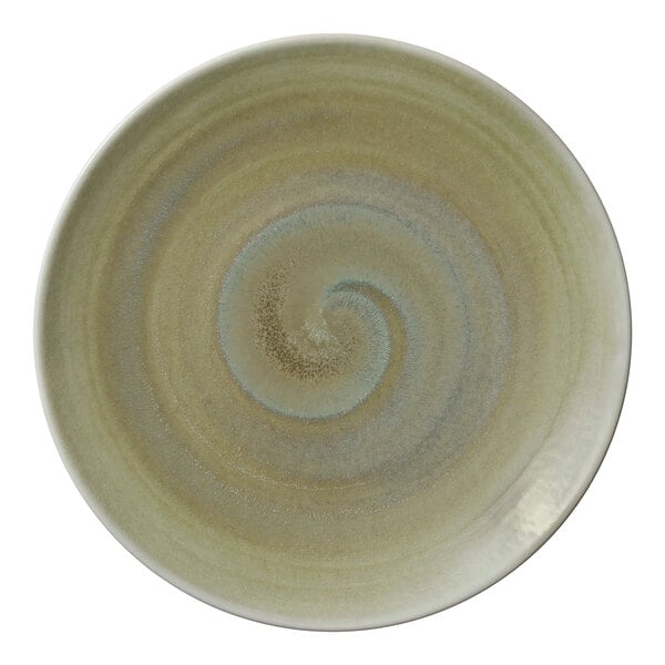 A round porcelain coupe plate with a subtle greenish-brown swirl pattern.
