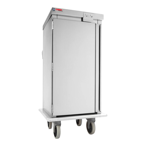 A stainless steel meal delivery cart with a single door, top rail, and four wheels.