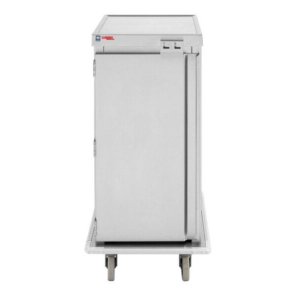 A stainless steel meal delivery cart with a top rail and space for six trays.