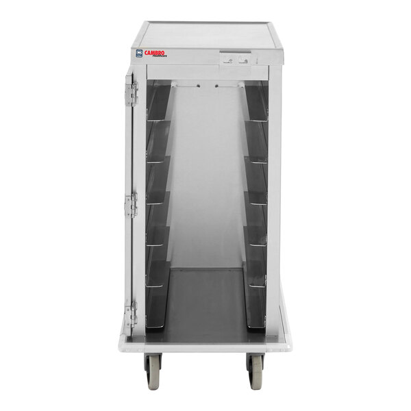 A stainless steel meal delivery cart with six tray slots and a top rail, designed for transporting food trays.
