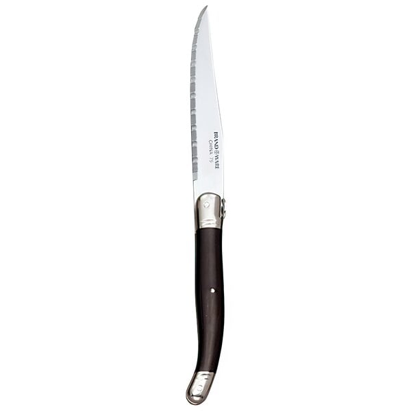 A stainless steel steak knife with a slim, curved blade and a black plastic handle.