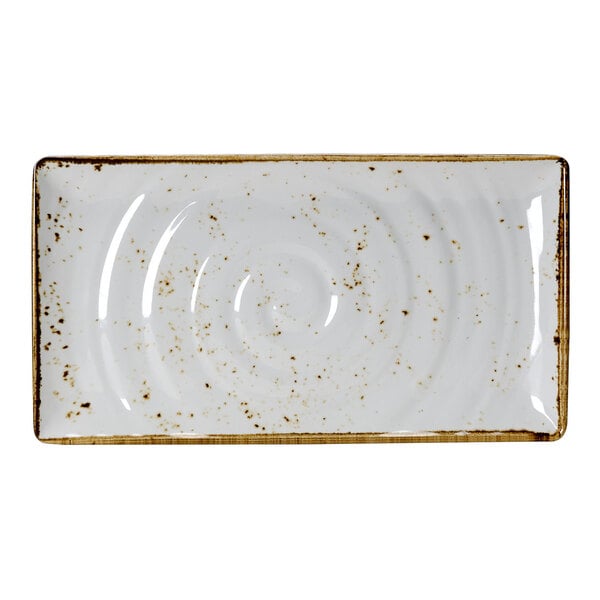A rectangular white melamine platter with a speckled design and slightly raised edges.