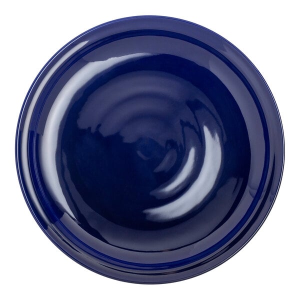 A round, blue melamine plate.