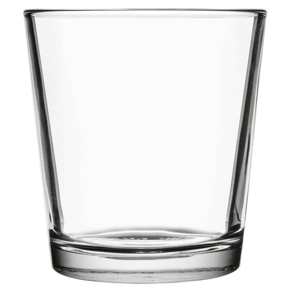 A clear 12 oz. rocks or double old fashioned glass with a thick base.