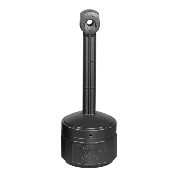 A black plastic outdoor ashtray designed for safely disposing of cigarette butts.