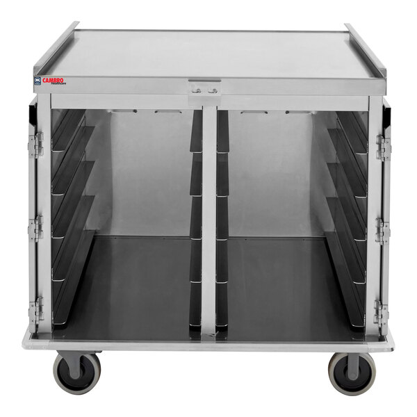 A stainless steel meal delivery cart with multiple tray slots and four wheels.