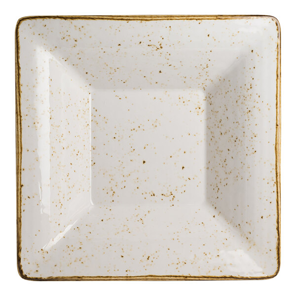 A white square pebbled bowl with a speckled pattern and slightly raised edges.
