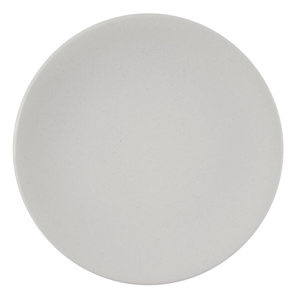 A plain, round, matte light gray porcelain coupe plate.