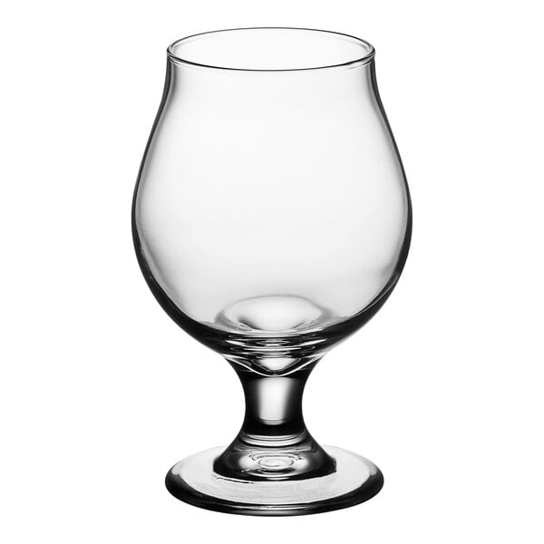 A clear 16 oz. Belgian beer or tulip glass with a short stem and wide bowl.