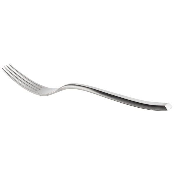 A stainless steel dinner fork with a satin finish and a slightly curved handle.