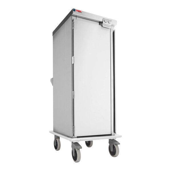 A stainless steel meal delivery cart with a single door and four wheels, designed to hold eight trays.