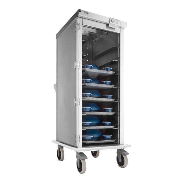 A stainless steel meal delivery cart with eight trays, each holding blue dishware, on four wheels.