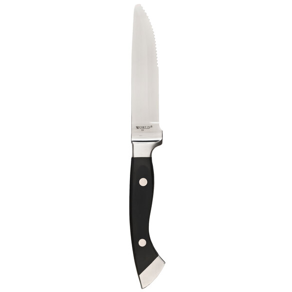 A stainless steel steak knife with a black polypropylene handle and a serrated edge.