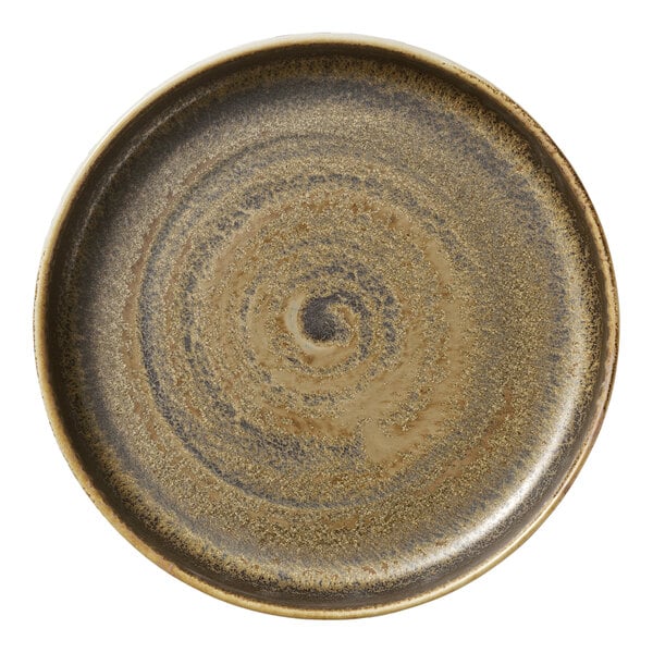 A round, deep raised rim porcelain plate with a textured, swirled cumin-colored finish.