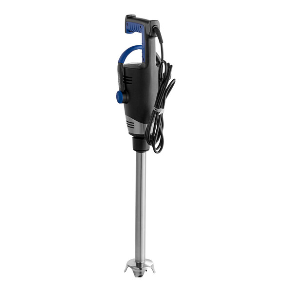A heavy-duty electric immersion blender with a long stainless steel shaft and a black handle.