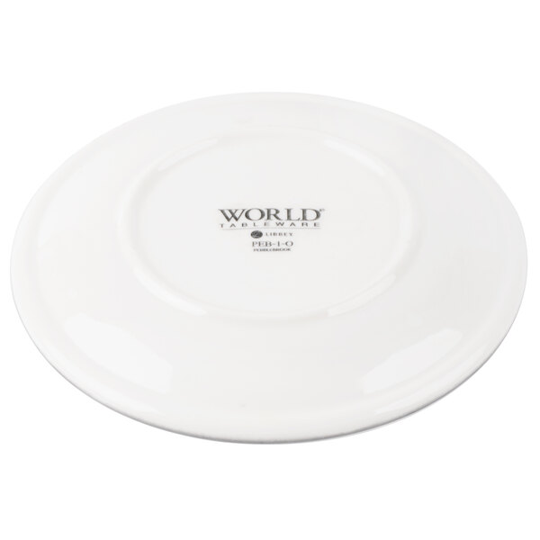 A white porcelain coupe plate with the World Tableware logo and product information on the bottom.