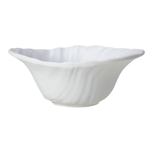 A white melamine deep bowl with a wavy rim and textured surface.