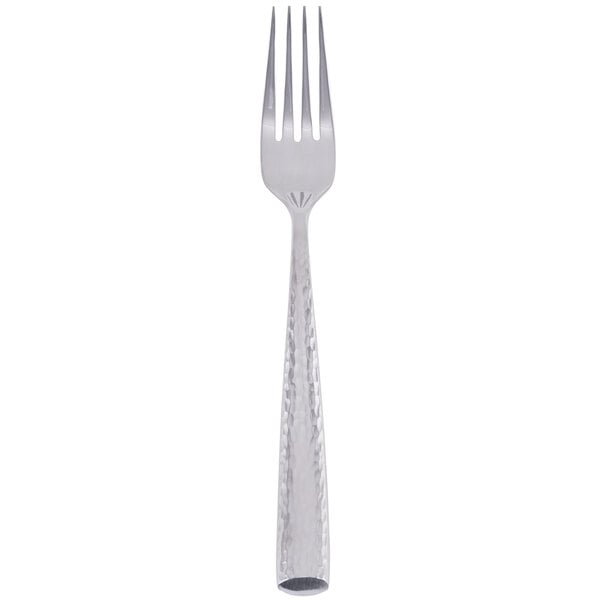 A stainless steel dinner fork with a textured handle.