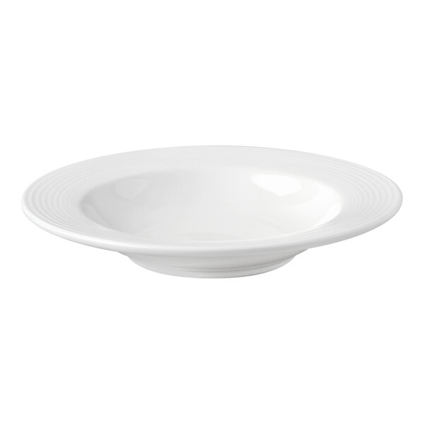 A white porcelain soup bowl with a wide rim and a shallow, rounded center.